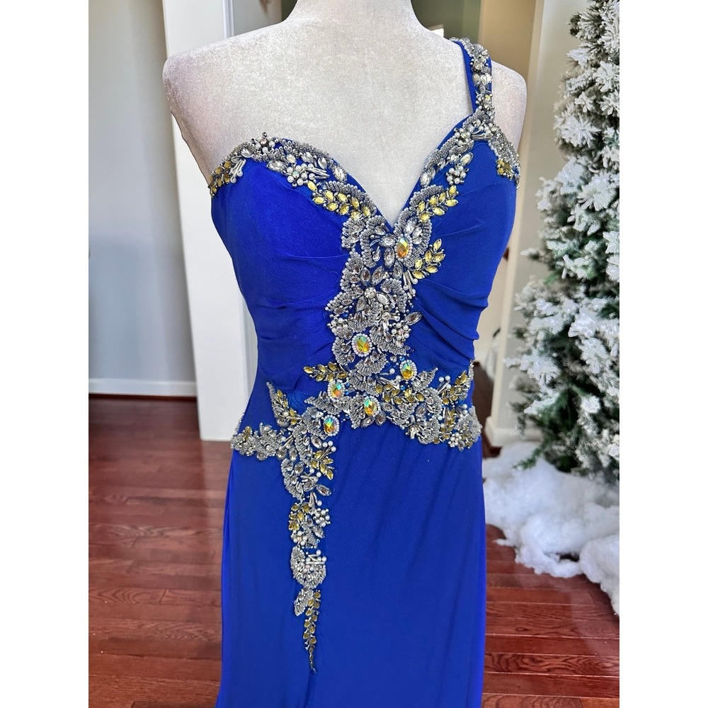 Vintage May Queen USA Royal Blue One Shoulder Embellished Gown Dress Size 12 - Picture 9 of 12